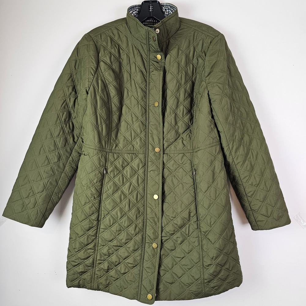 Talbots Petites Women Olive Green Quilted Barn Jacket Coat Gingham Lining SP